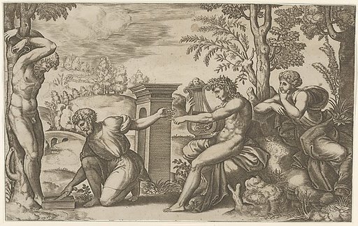 Apollo seated at the right with a lyre, pointing to a kneeling man who is about to flay Marsyas tied naked to a tree at left