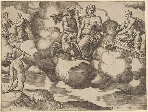 Venus in her dove-drawn chariot complaining to Jupiter who is accompanied by Mercury, from 'The Fable of Psyche'