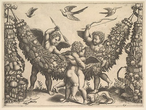 Four putti, two embracing in front of a large garland, two behind, the one at left holding an arrow, the one at right a bow, from a series of tapestries made for Leo X