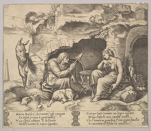 Plate 1: Apuleius changed into a donkey listening to the story told by the old woman spinning