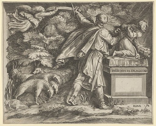 The Sacrifice of Isaac set in a landscape with a flock of sheep at left and an angel guiding Abraham's sword at upper left