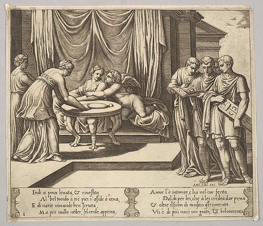 Plate 8: Psyche seated at a table and attended by invisible servants, Eros beside the goddess, from "The Fable of Cupid and Psyche"