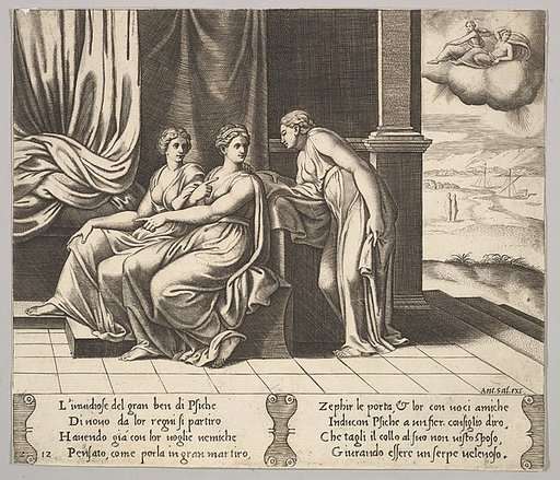 Plate 12: Psyche's sisters persuade her a serpent is sleeping with her, from "The Fable of Cupid and Psyche"