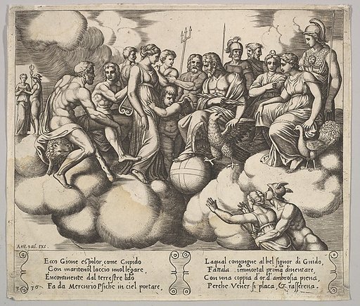 Plate 30: Venus and Cupid pleading their case in the presence of Jupiter and other Gods, from "The Fable of Cupid and Psyche"