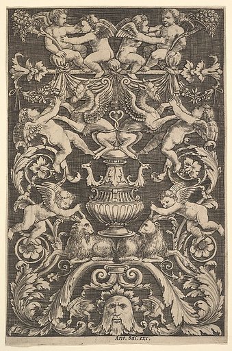 A panel of ornament with putti, goat and other figures