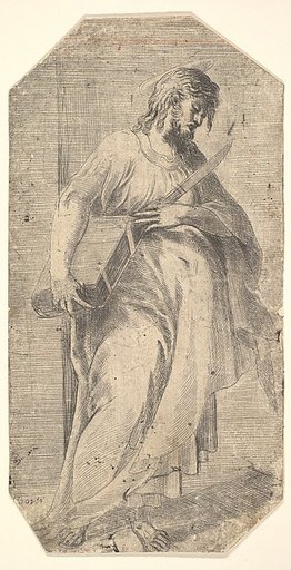 Saint Bartholomew facing right,  book under his right arm, knife in his left hand, from "Christ and the Apostles"