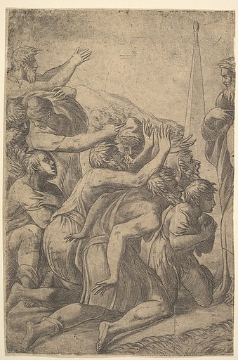Christ standing at the right healing the lepers before him (left section of the print)