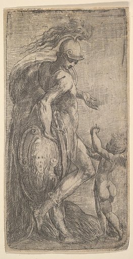 Mars standing at the left leaning on a shield, Cupid at the right