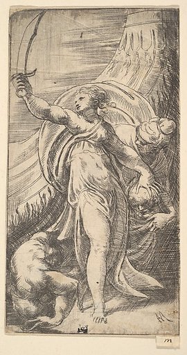 Judith her sword raised in her right hand, placing the head of Holofernes in the sack with her left