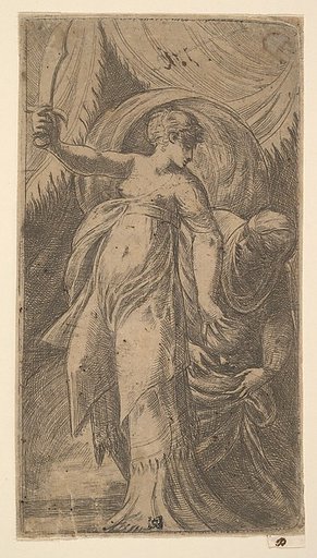 Judith with her sword raised in her right hand and placing the head of Holofernes in the sack with her left