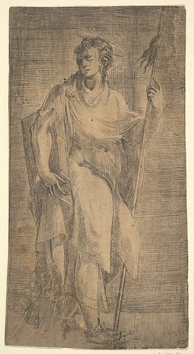 A saint, possibly Matthew, holding a staff and a book