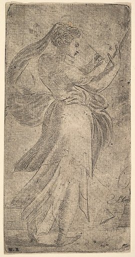 A woman standing in profile, facing right and writing on a tablet