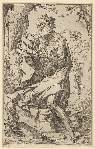 Saint Jerome kneeling on a rock in front of a cross and an open book facing left
