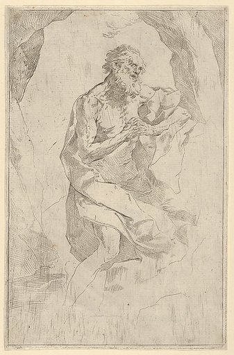 Saint Jerome kneeling on a rock facing right