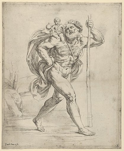 Saint Christopher walking with the infant Christ on his right shoulder