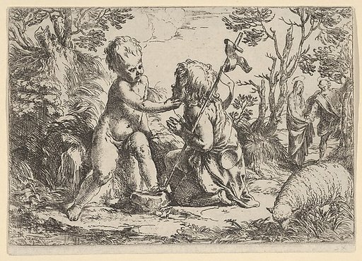 Young Saint John the Baptist kneeling before the infant Christ who caresses his face, the Virgin and Joseph in the background at right