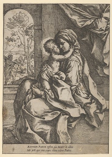 The Virgin seated with the Christ Child on her lap embracing her, Joseph seen through an archway at left