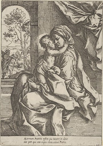 The Virgin seated with the Christ Child on her lap embracing her, Joseph seen through an archway at left