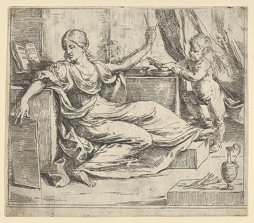 Seated woman holding a tablet and compass (allegory of learning), a winged putto at right