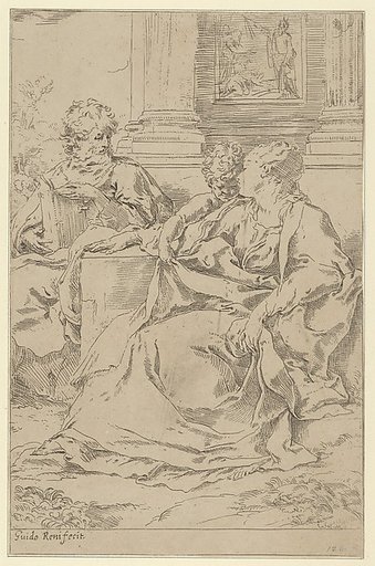 The Holy Family seated together in front of a collonade, Saint Joseph reading and the young Christ grasping the Virgin's drapery