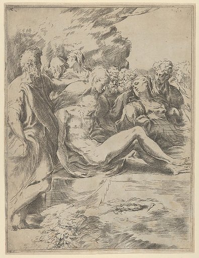 The Entombment; Christ with legs outstretched, the Virgin at right