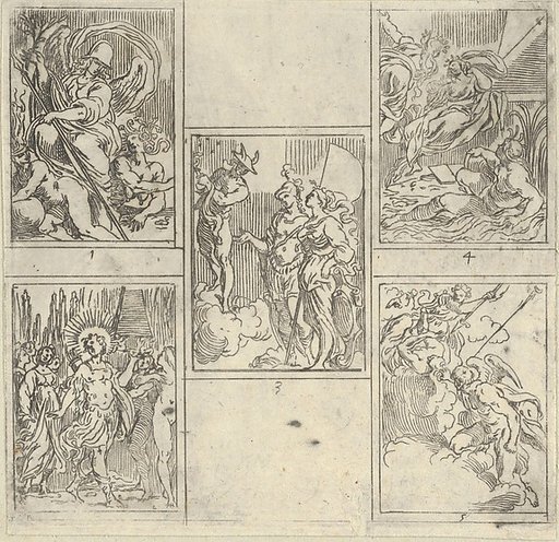 Five numbered scenes, each after a painter in the Accademia Degl'Incamminati, from IL FUNERALE D'AGOSTINO CARRACCIO FATTO IN BOLOGNA SUA PATRIA DAGL'INCAMINATI Academici del Disegno: 1. Virtue vanquishing Envy and Fortune, painted by Giulio Cesare Parigino; 2. Apollo and the Muses at the tomb of Ago