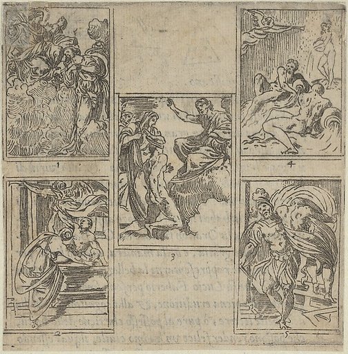 Five numbered scenes, each after a painter in the Accademia Degl'Incamminati, from IL FUNERALE D'AGOSTINO CARRACCIO FATTO IN BOLOGNA SUA PATRIA DAGL'INCAMINATI Academici del Disegno: 1. Ceres lamenting the death of Carracci before Jupiter, painted by Ippolito Ferrantini; 2. Personification of Painti