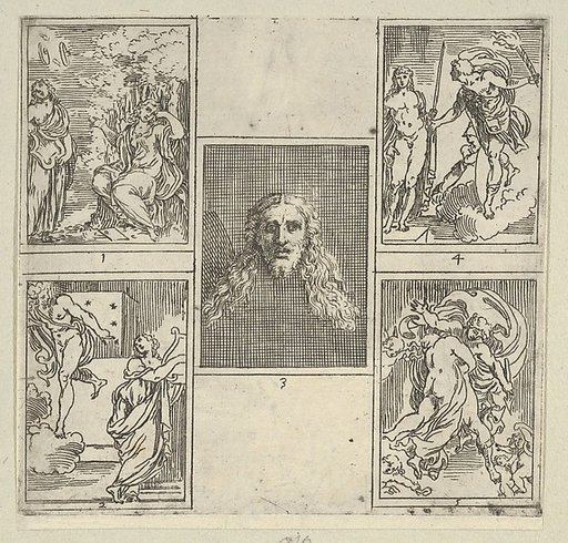 Five numbered scenes, each after a painter in the Accademia Degl'Incamminati, from IL FUNERALE D'AGOSTINO CARRACCIO FATTO IN BOLOGNA SUA PATRIA DAGL'INCAMINATI Academici del Disegno: 1. Painting and Poetry mourning the death of Agostino Carracci, painted by Francesco Brizio; 2. Painting with a lyre 