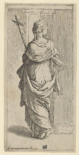 Girl carrying a crucifix and stepping toward a pilaster, seen from behind