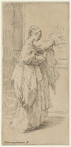Girl carrying a cushion, seen in profile facing right