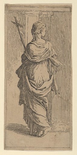 Girl carrying a crucifix and stepping toward a pilaster, seen from behind