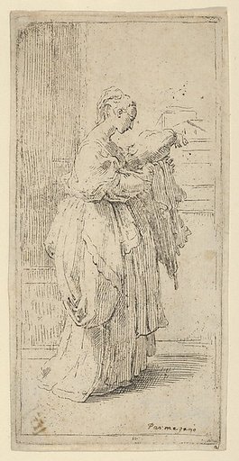 Girl carrying a cushion, seen in profile facing right
