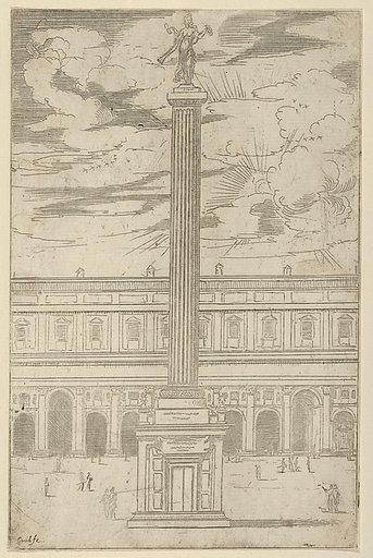 Triumphal column with female figure of Fame holding a trumpet at the top, a temporary decoration for the entry of Pope Clement VIII in Bologna in 1598