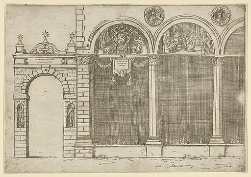 The arcade of the palace of the Archbishop of Bologna with temporary decorations for the entry of Pope Clement VIII in Bologna in 1598