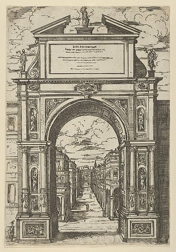 Triumphal arch surmounted by a statue representing the city of Bologna, buildings seen through the arch below, a temporary decoration for the entry of Pope Clement VIII in Bologna in 1598