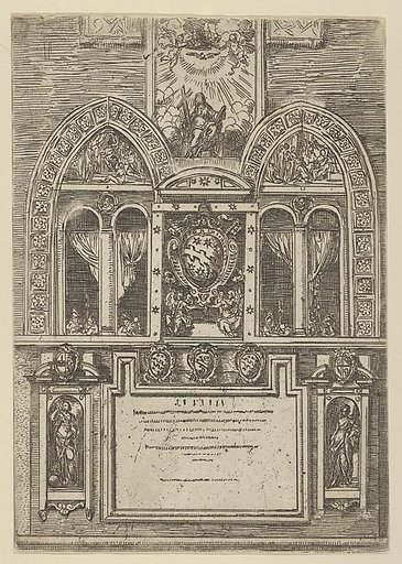 Façade of the Palazzo del Senato in Bologna with the Papal arms at center, with temporary decorations for the entry of Pope Clement VIII in Bologna in 1598