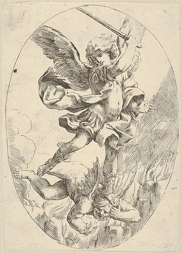The winged archangel Saint Michael holding a sword and standing on the head of the devil, who descends into hell, an oval composition