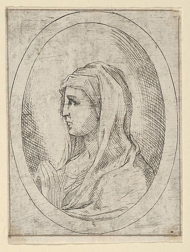 The Virgin in prayer, seen in profile facing left, in an oval frame, from "Christ, the Virgin, and Thirteen Apostles"