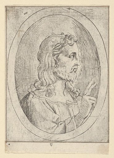 Christ seen in profile facing right, making the sign of blessing with his right hand, in an oval frame, from "Christ, the Virgin, and Thirteen Apostles"