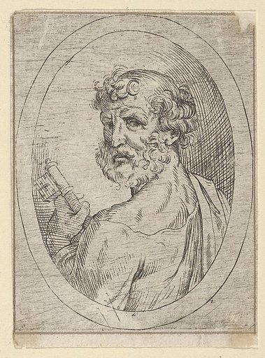 Saint Peter seen from behind, turning to face outwards and holding a key, in an oval frame, from "Christ, the Virgin, and Thirteen Apostles"