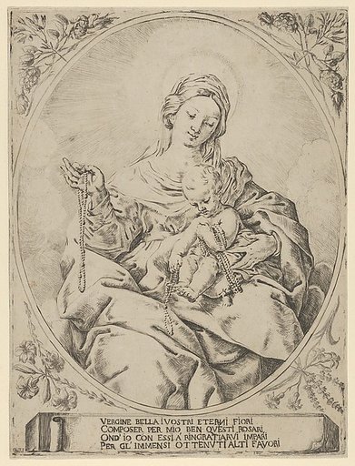 The Virgin seated holding a rosary in her right hand, the infant Christ on her lap holding several rosaries, in an oval frame with flowers surrounding it and a tablet with inscription at the base