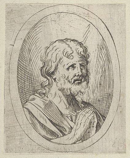 An apostle raising his eyes in prayer, in an oval frame, from "Christ, the Virgin, and Thirteen Apostles"