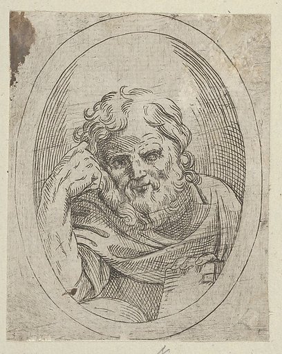 An apostle resting his head on his right hand and holding a book, in an oval frame, from "Christ, the Virgin, and Thirteen Apostles"