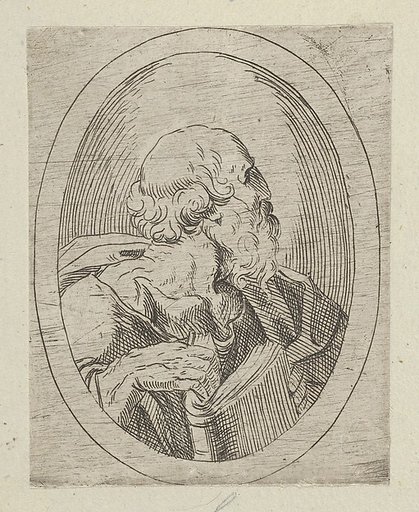 An apostle seen in profile facing right, holding an open book, in an oval frame, from "Christ, the Virgin, and Thirteen Apostles"