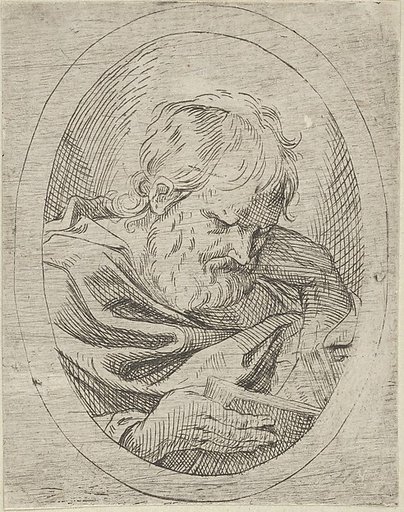 An apostle resting his head on his left hand and reading a book, in an oval frame, from "Christ, the Virgin, and Thirteen Apostles"
