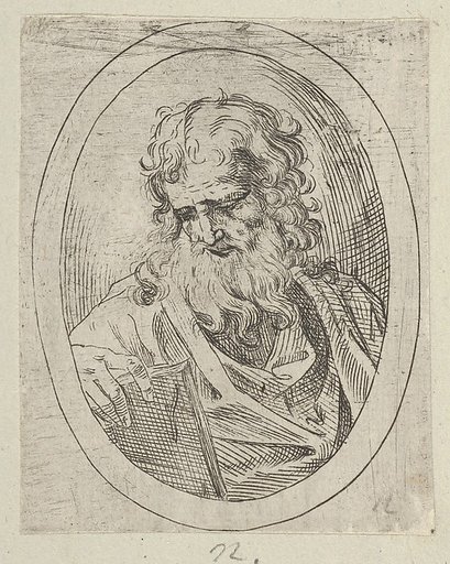 An apostle with a long beard looking down at an open book, in an oval frame, from "Christ, the Virgin, and Thirteen Apostles"