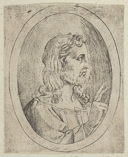 Christ seen in profile facing right, making the sign of blessing with his right hand, in an oval frame, from "Christ, the Virgin, and Thirteen Apostles"