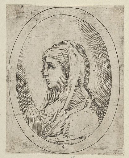 The Virgin in prayer, seen in profile facing left, in an oval frame, from "Christ, the Virgin, and Thirteen Apostles"