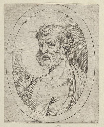 Saint Peter seen from behind, turning to face outwards and holding a key, in an oval frame, from "Christ, the Virgin, and Thirteen Apostles"