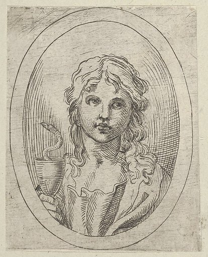 Saint John the Evangelist holding a goblet with a snake emerging from it, from "Christ, the Virgin, and Thirteen Apostles"